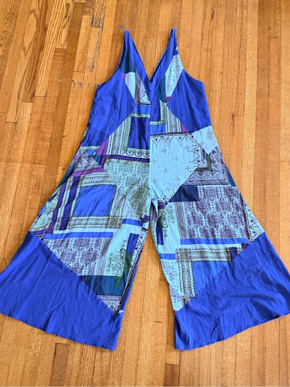 Free People Blue Patchwork V-Neck Wide-Leg Jumpsuit